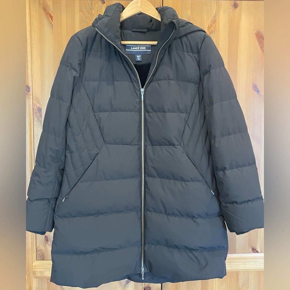 Lands End Women’s Quilted Puffer Down Coat Jacket Medium 10/12 Black - Picture 2 of 7